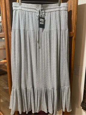 DKNY Silver Metallic Pleated Maxi Skirt